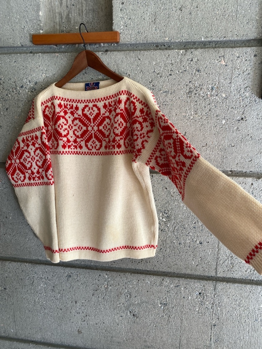 Vtg Nesjar Wool Fair Isle Boatneck Sweater